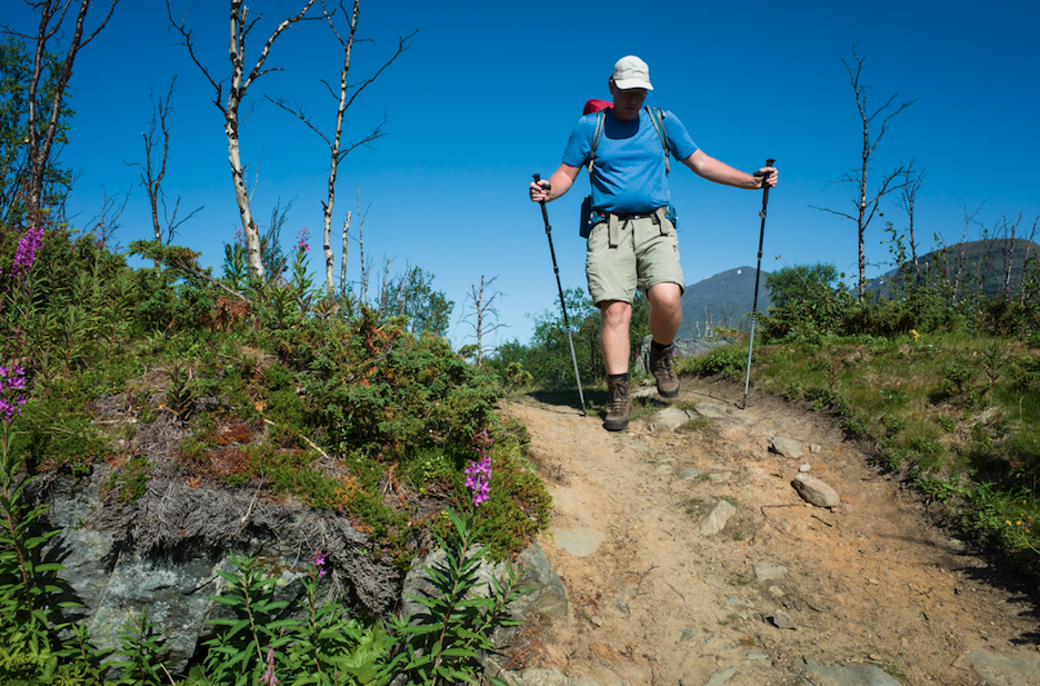 person with hiking poles walking down a trail
