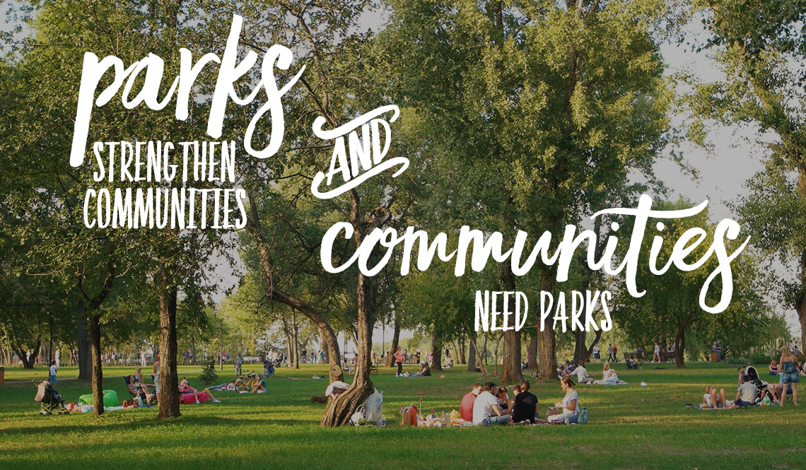 Photo of park with people and text 